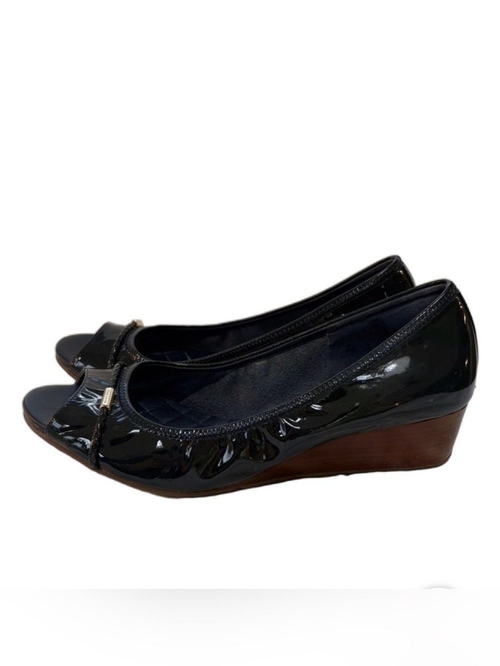 Cole Haan Teal Patent Leather Open-Toe Wedge Pumps